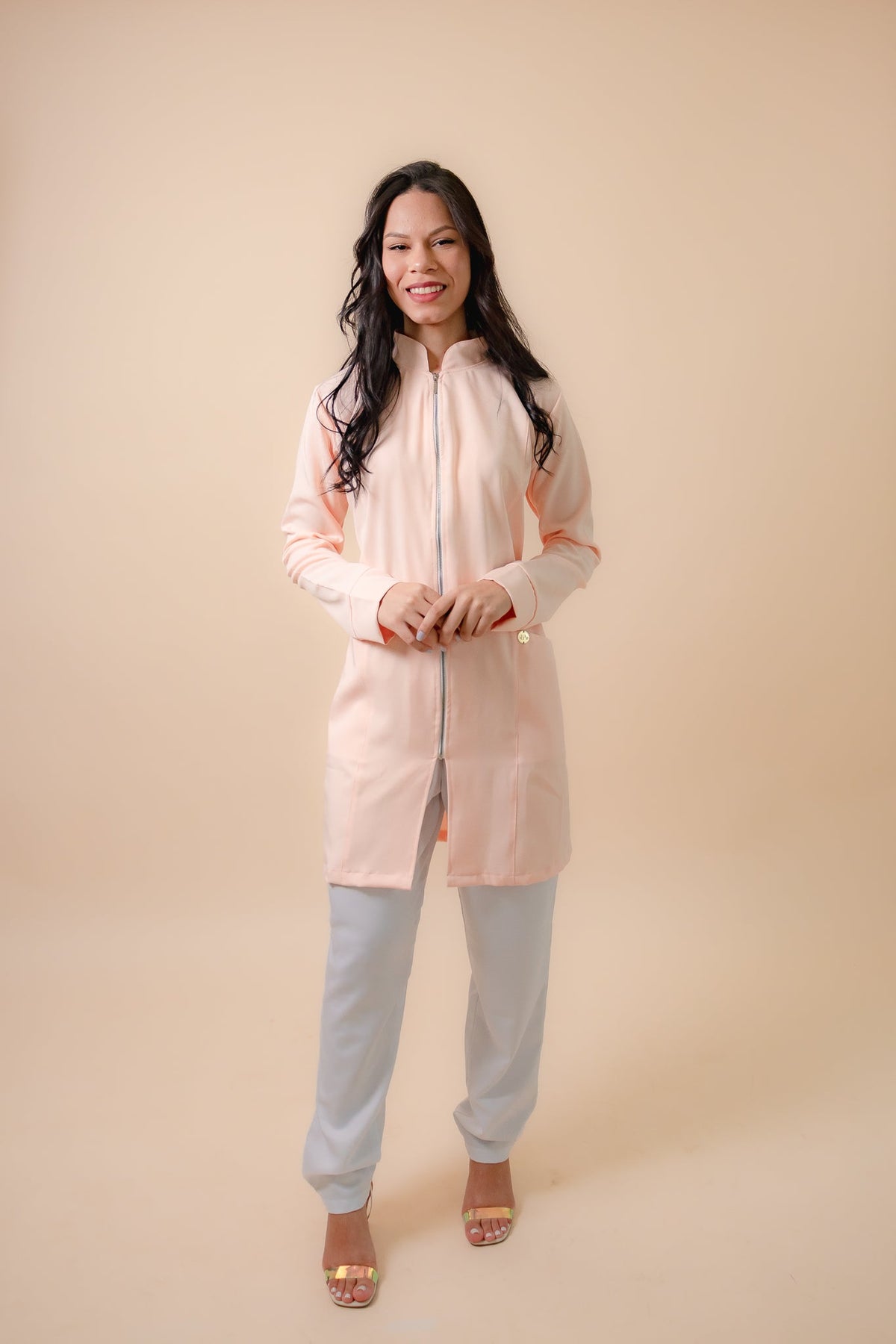 Jaleco Feminino Classic Zíper Dourado Manga Longa Nude Rosado