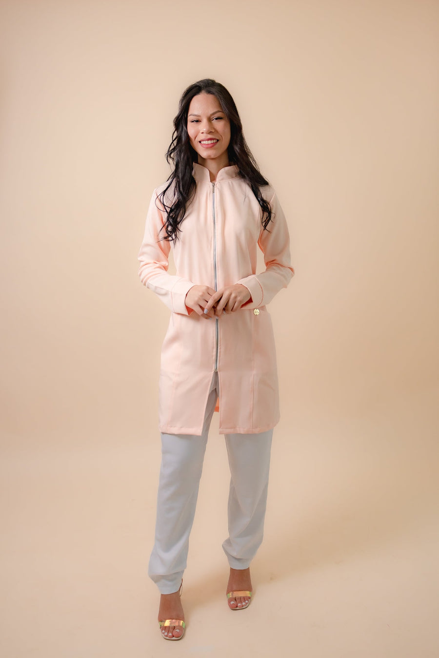 Jaleco Feminino Classic Zíper Dourado Manga Longa Nude Rosado